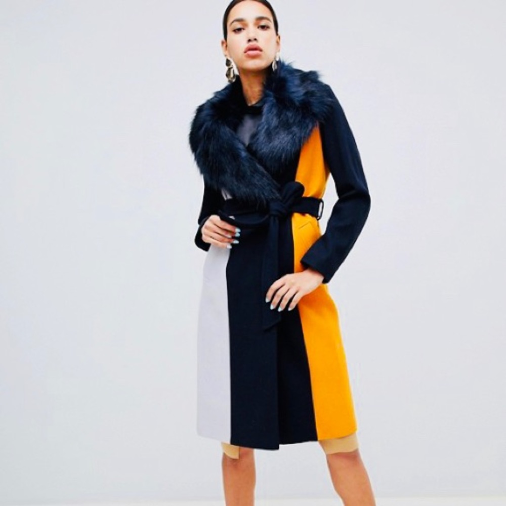 Brand New River Island Coat w/Navy Faux Fur Trim